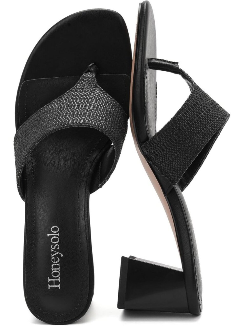 Women's Black Raffia Summer Comfortable Casual Square Open Toe Thong Low Heels